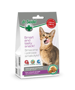 Przysmaki dla kotów na świeży oddech - smakołyki dr Seidla dla kotów z chlorofilem i Yuccą Schidigera, 50g